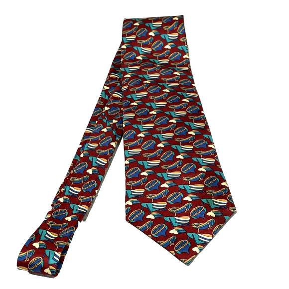 Vintage Christian Dior Monsieur Silk Neck Tie Red Blue Rowboats Luxury Designer - Picture 7 of 7